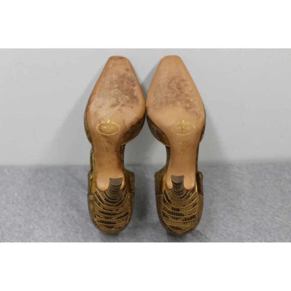 Prada Heels Womens 37 Gold Snakeskin Sequin Mary Jane Pointed Toe Pumps Vintage - Picture 8 of 9